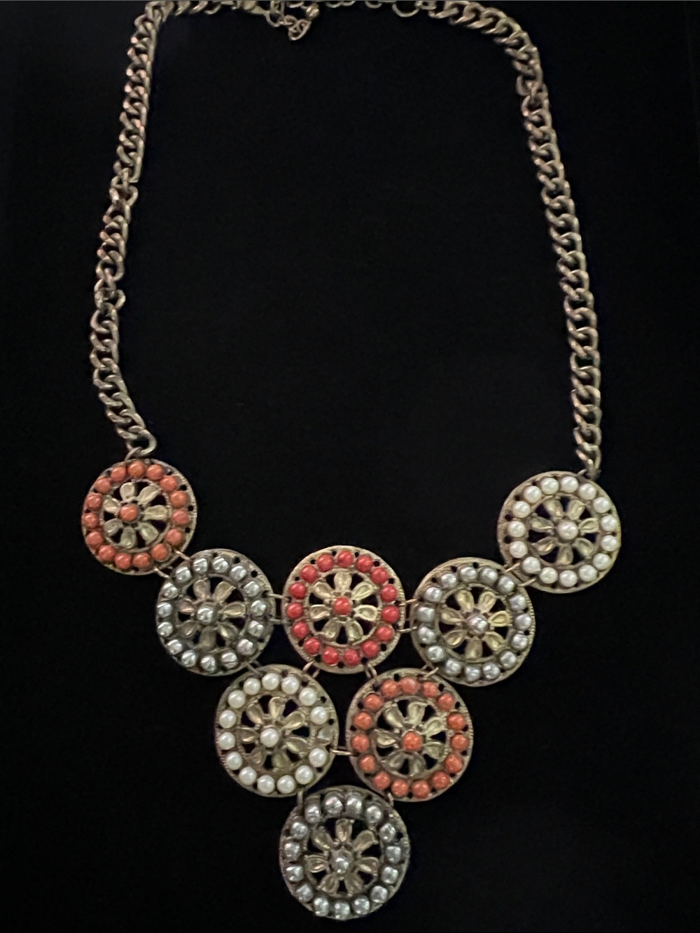 Statement Floral Medallion Necklace in Gold with Coral & Pearl Accents